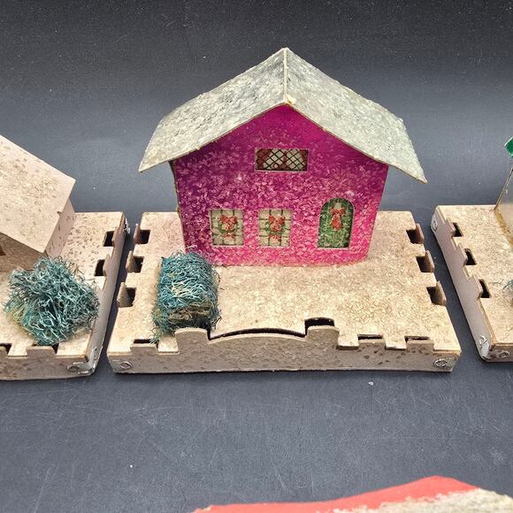 Vintage Paper Putz Houses Set of 4 Glitter Mica Christmas Village - Picture 5 of 11